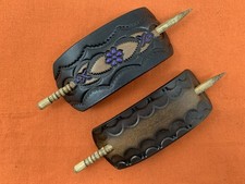 2 Leather Hair Barrettes w Sticks, Ponytail, Wide Purple Flower Handcrafted 371