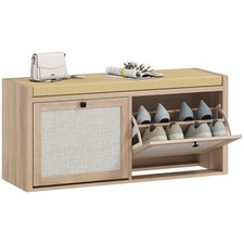 HOMCOM Rattan Shoe Bench with Padded Cushion and 2 Cabinets, Oak