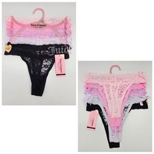 JUICY COUTURE 5 Pack Women's M L Lace Rhinestone Logo Thong Pink Lilac Black