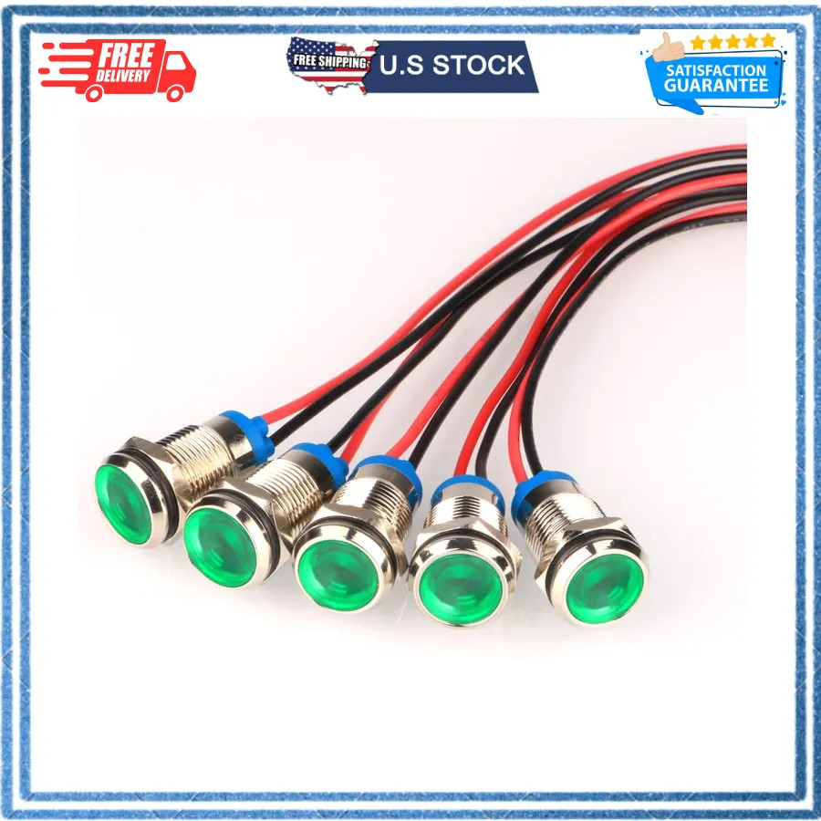 5pcs 10mm LED Metal Indicator Light 12-24V AC DC Waterproof Signal Lamp Green