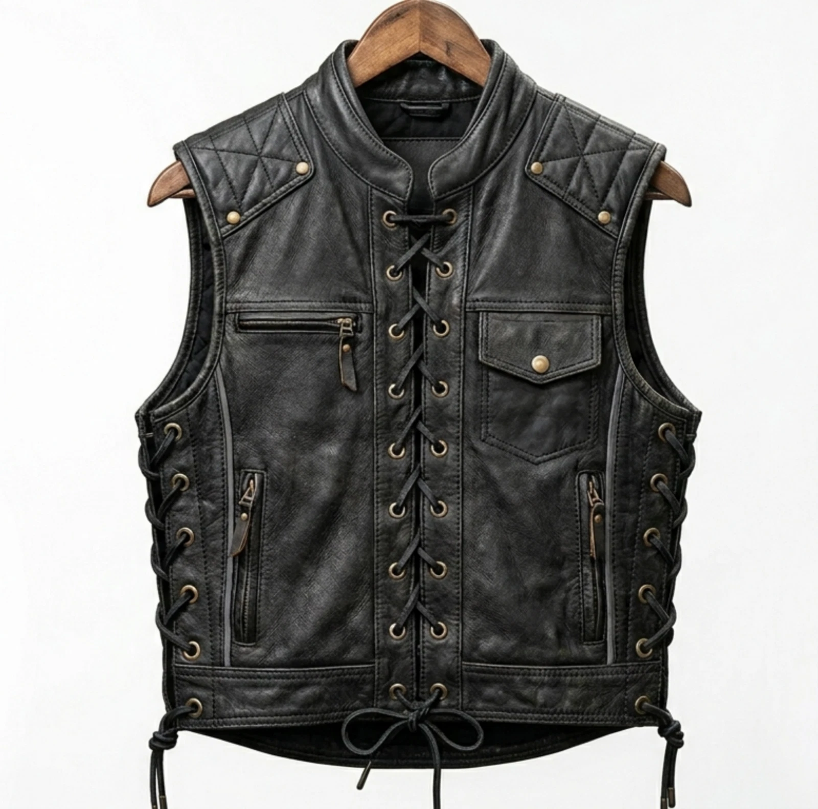 Medieval Leather Motorbike Vest - Laced Front & Sides Black Biker Armor Cut
Opens in a new window or
