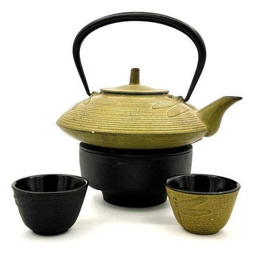 Miya Green Dragonfly Cast Iron Tea set w/ cast iron teapot 2 cups & warming pot