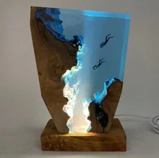 Handmade Ocean Resin Lamp With Divers- Unique Epoxy Wood Night Light- Deep Sea