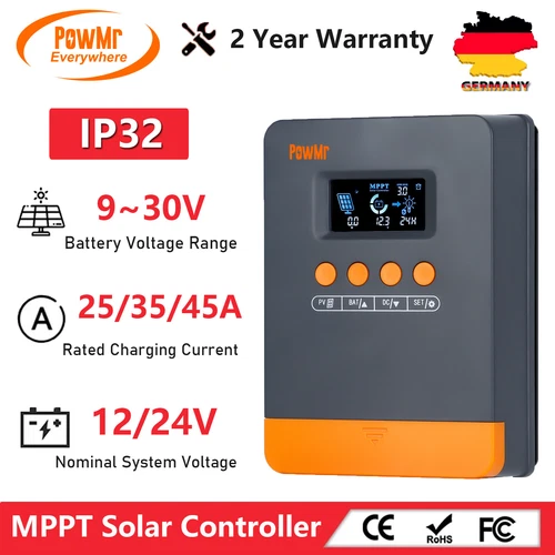 PowMr Solar Laderegler 100% MPPT 25A/35A/45A Regeler 12/24V Dual USB Max PV 100V