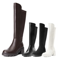 Women Knee High Boots Platform Chunky Heel Round Toe Stretch Riding Boots