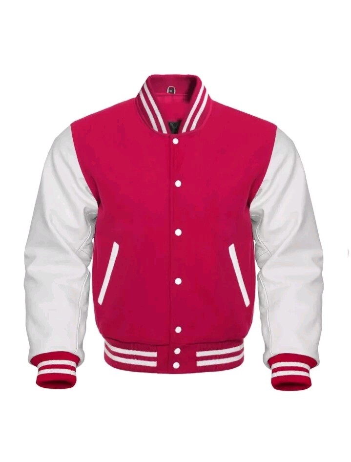 Men's Pink Wool White Leather Sleeves Varsity Basketball Jacket