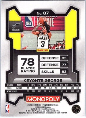 VAPORS All City Magazine × DPM ISSUE 24 Keyonte George 2023-24 Panini Prizm Monopoly #87 Utah Jazz 3Row 4A