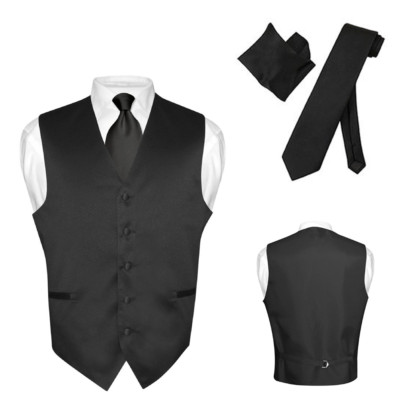 Chaleco De Vestir Para Hombre De Corbata Pañuelo corbata de color negro  sólido conjunto para Traje Esmoquin o | eBay