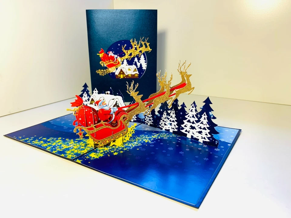 Tarjetas Pop Origami Feliz Navidad Premium Trineo de Papá Noel Reno 3D Tarjeta Pop Up Foto 4 de 4