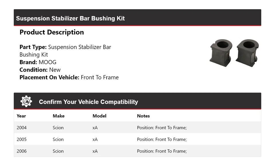 Kit de bucha barra estabilizadora de suspensão Scion xA 2004-2006 frente ao quadro MOOG - Imagem 2 de 4