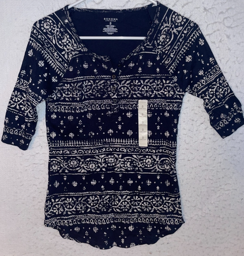 Sonoma Top Women S Blue Floral Henley V Neck Pullover Shirt Short Sleeve Casual