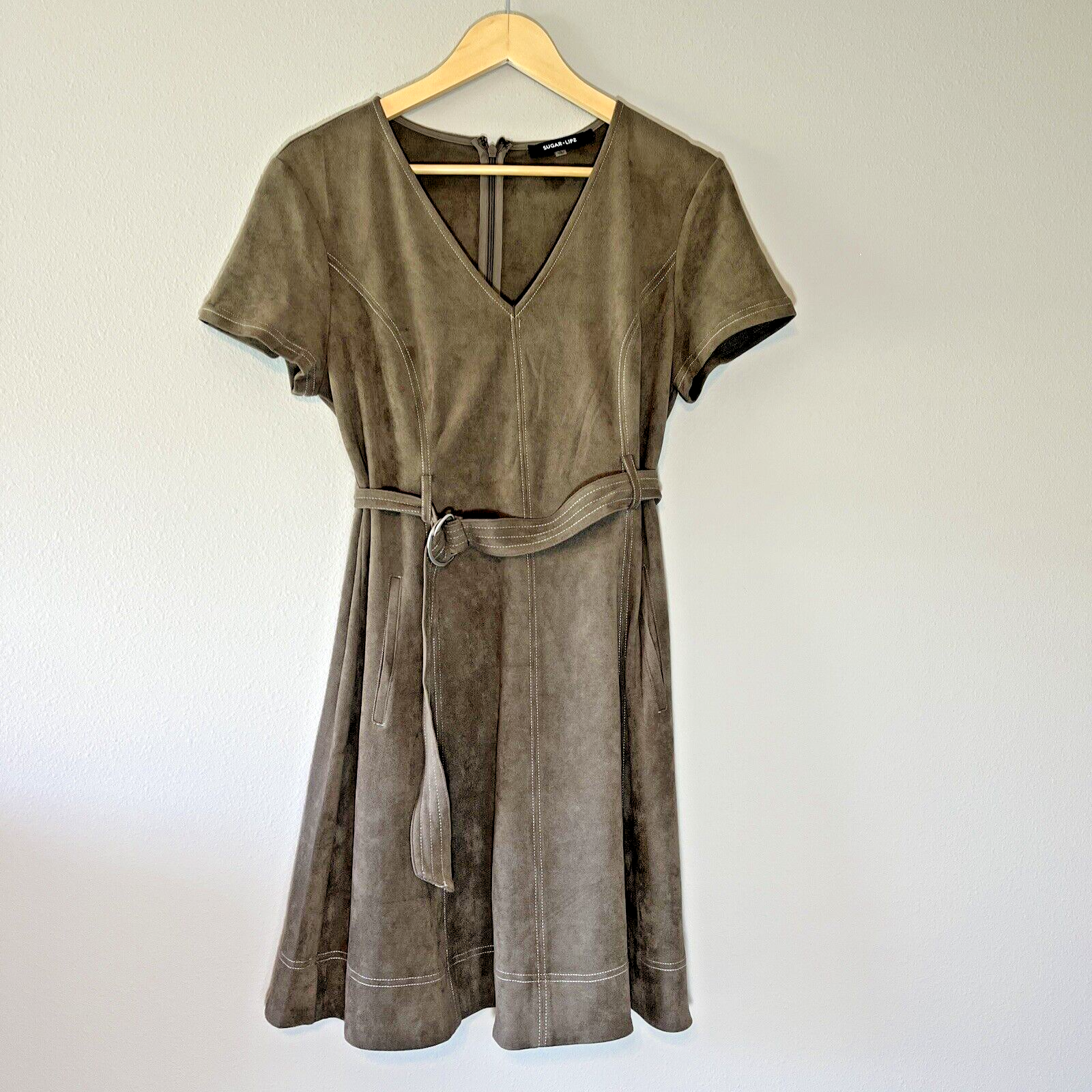 Sugar Lips Dress Belted Faux Suede Brown Short Sleeve Size Large