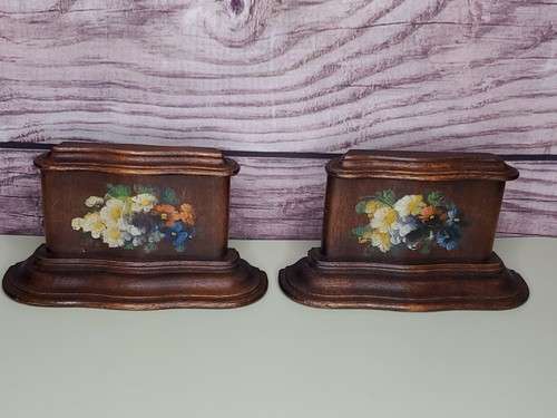 Vintage Wood Pair of Decorative Bookends Painted Floral Daisies Bouquet