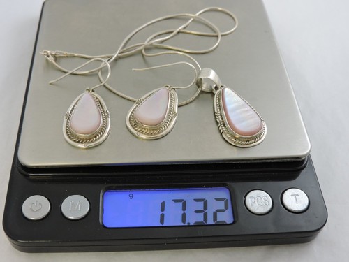 Sterling Silber Halskette & Ohrring Set Träne Tropfen rosa MOP 16" 1 1/2" 17 Gramm - Bild 5 von 6