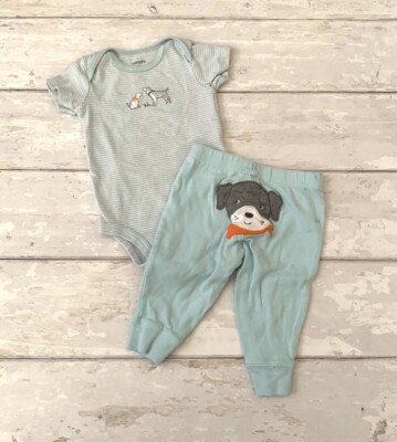Carters 3m Baby Boy Outfit Bodysuit Set Dogs Blue Joggers Sweatpants Pants 