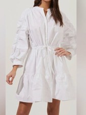 Astr the Label White Ruched Sleeve Womens Size Small Tiered Mini Shirt Dress
