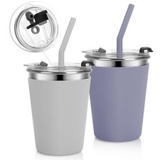 Stainless Steel Kids Cups with Lids and Straws Leakproof, 2 Pack 12oz Spill P...