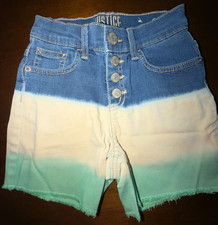 Girls Size 8 Justice Blue, White, Teal Striped Stretchy Jean Shorts Pockets
