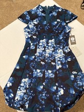 New Vince Camuto 8 Black Green Blue Floral Fit & Flare Dress V Neck, NWT