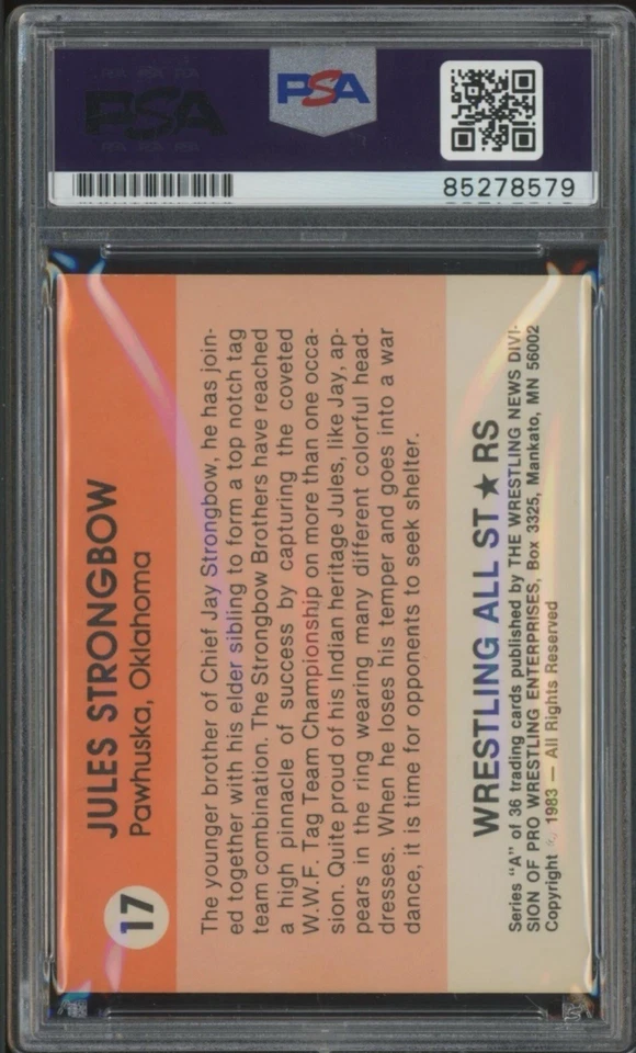 JULES STRONGBOW 1983 WRESTLING ALL STARS HAND SIGNED ROOKIE CARD #17 PSA AUTO - Image 2 of 2