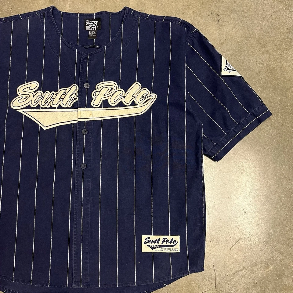 Camiseta de béisbol vintage del polo sur para hombre grande azul rayas Y2K Foto 3 de 4