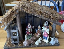 11 Piece  Nativity Scene With Stable Vintage Old Antique..