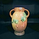 Roseville Pottery Fuchsia Vase Brown Double Handled Orig Label 30's Art Deco Era