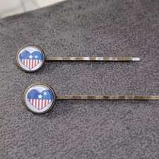 Pair Of Two Vintage Flag Heart Bobby Pins Glass Patriotic Hair Accessory