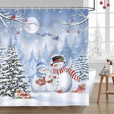Christmas Snowman Shower Curtain, Xmas Tree Santa Sleigh Snowy Forest Winter