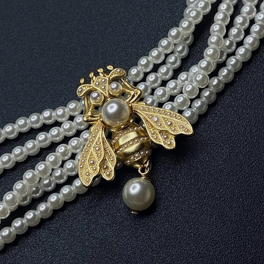 Christian Dior Gold Pave Crystal Bee Charm Pearl Choker Necklace - Image 3 of 4