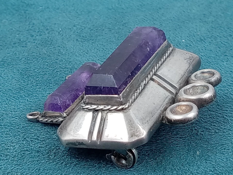 OLD TAXCO Broche Hueco Plata Esterlina, Pin Doble Ajuste Amatista: 1.5" Ancho Foto 4 de 4
