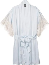NATORI L'Amour Lace Satin Wrap Short Robe Light Blue Ivory S M L or XL  $250 NEW