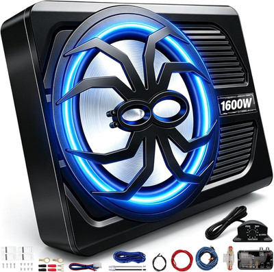 1600W Car Subwoofer, 10'' Ultra-Thin Powered Under-Seat Sub with Built-In Amplifi