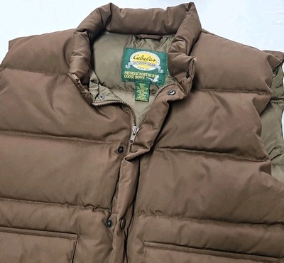 #ad CABELAS Premier Northern Goose Down Full Zip Puffer Vest Brown Large $19.95