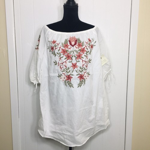 Women Hinge Cotton Floral Embroidered Off the Shoulder Dress White MSRP $89 Sz M - Picture 2 of 8