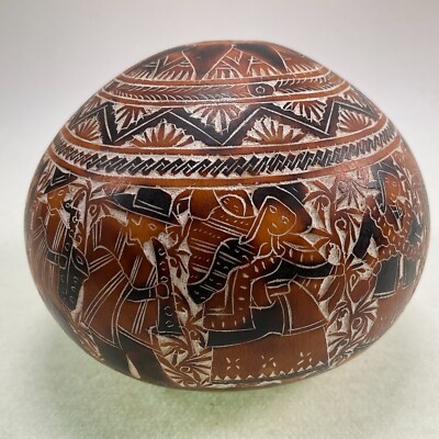 Peruvian Intricate Hand Carved Story Gourd - Musicians - Folk Art