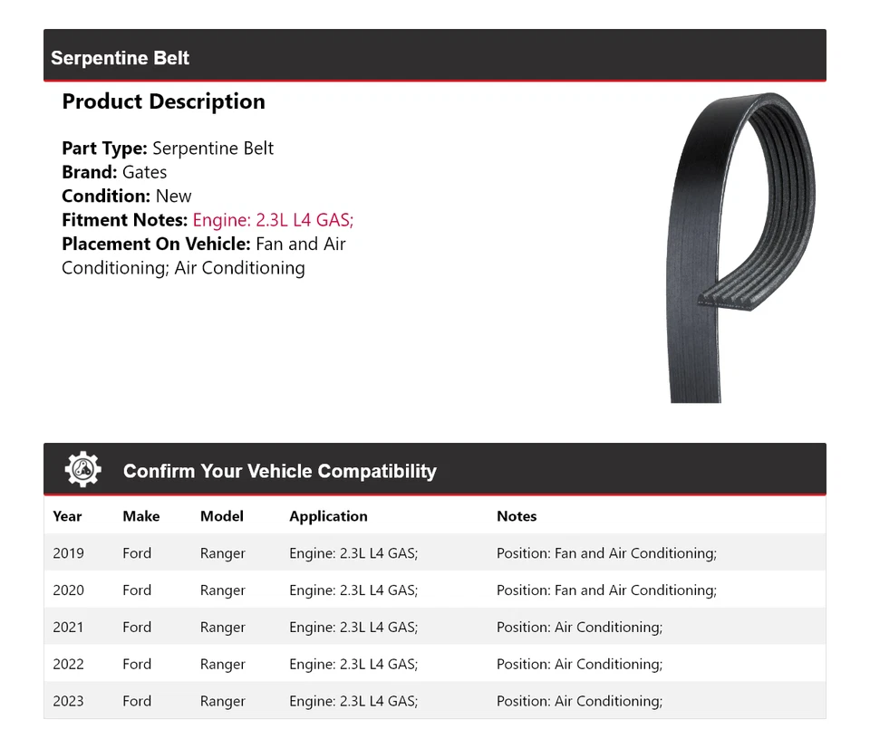 For 2019-2023 Ford Ranger 2.3L L4 GAS Serpentine Belt Gates 2020 2021 2022 - Image 2 of 4