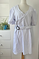 Boohoo Thick Cotton Blend Wraopver Style Dress White/ Pale Blue Hue Size 20 #151