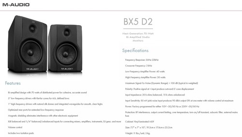 PAR de altavoces de monitor de estudio biamplificados M-Audio BX5 D2 70 vatios - Imagen 6 de 6