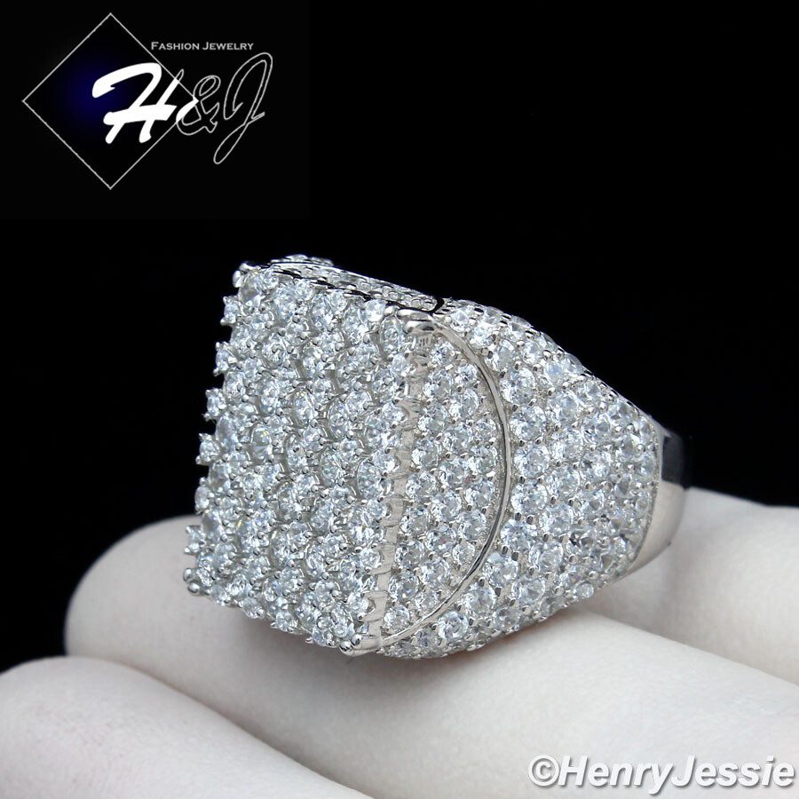 MEN SOLID 925 STERLING SILVER ICY BLING CUBIC ZIRCONIA 3D RECTANGLE  RING*SR147 - Main Image