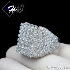 MEN SOLID 925 STERLING SILVER ICY BLING CUBIC ZIRCONIA 3D RECTANGLE RING SR147