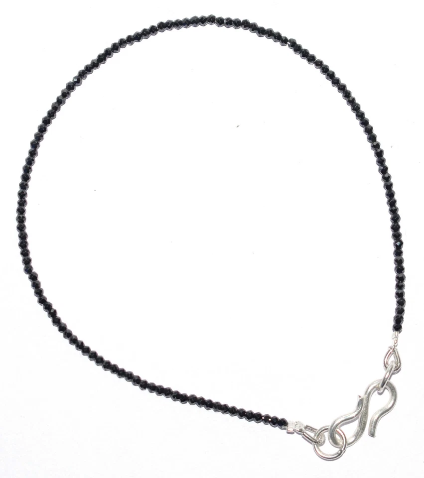 Black Zircon Gemstone 2 mm Round Beads 925 Fine Silver 10" Strand Bracelet G-22 - Image 3 of 4