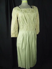 ORIGINAL FRANKLIN Vtg 60s Green Lace Crepe Day Dress-Bust 39/S-M, as-is