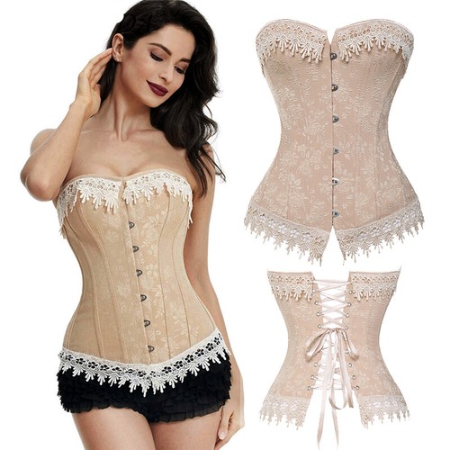 Women Boned Lace Up Overbust Burlesque Corset Bustier Top Waist Training Cincher - Picture 11 of 51