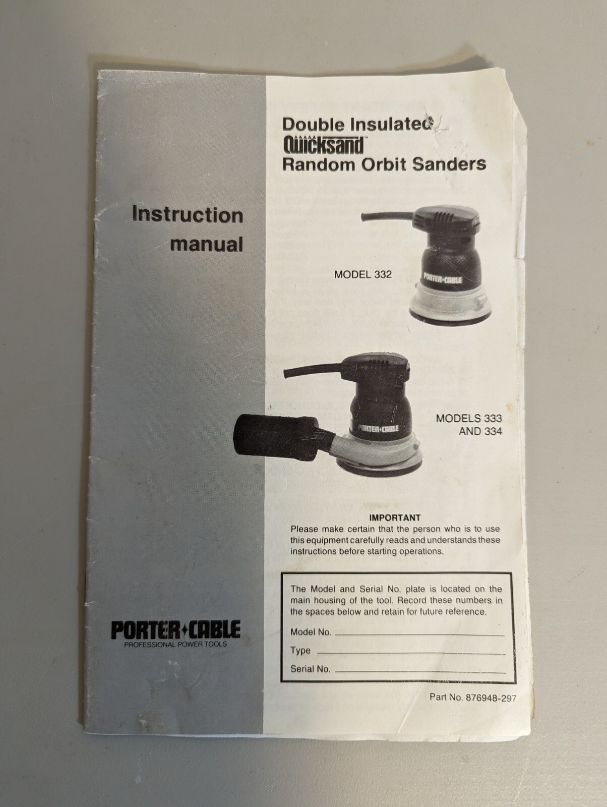 Porter Cable Orbital Sander 332 333 334 Owners Operators Reference