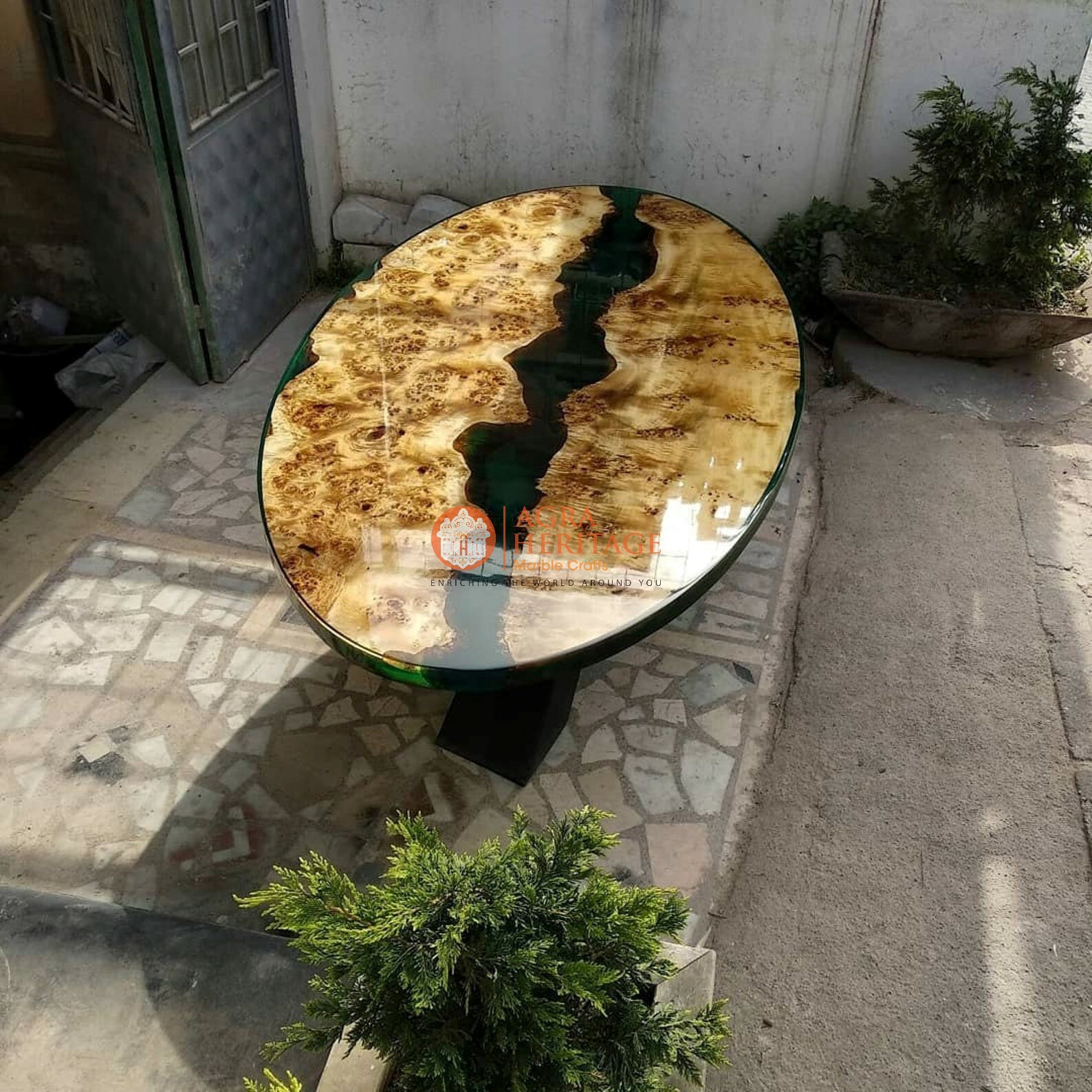 Epoxy Resin Oval Dining Table with Acacia Wood Base for Modern Home Decor-image