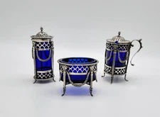 Exquisite 3-piece Dutch silver & cobalt Condiment Set:  Salt, Pepper, Mustard