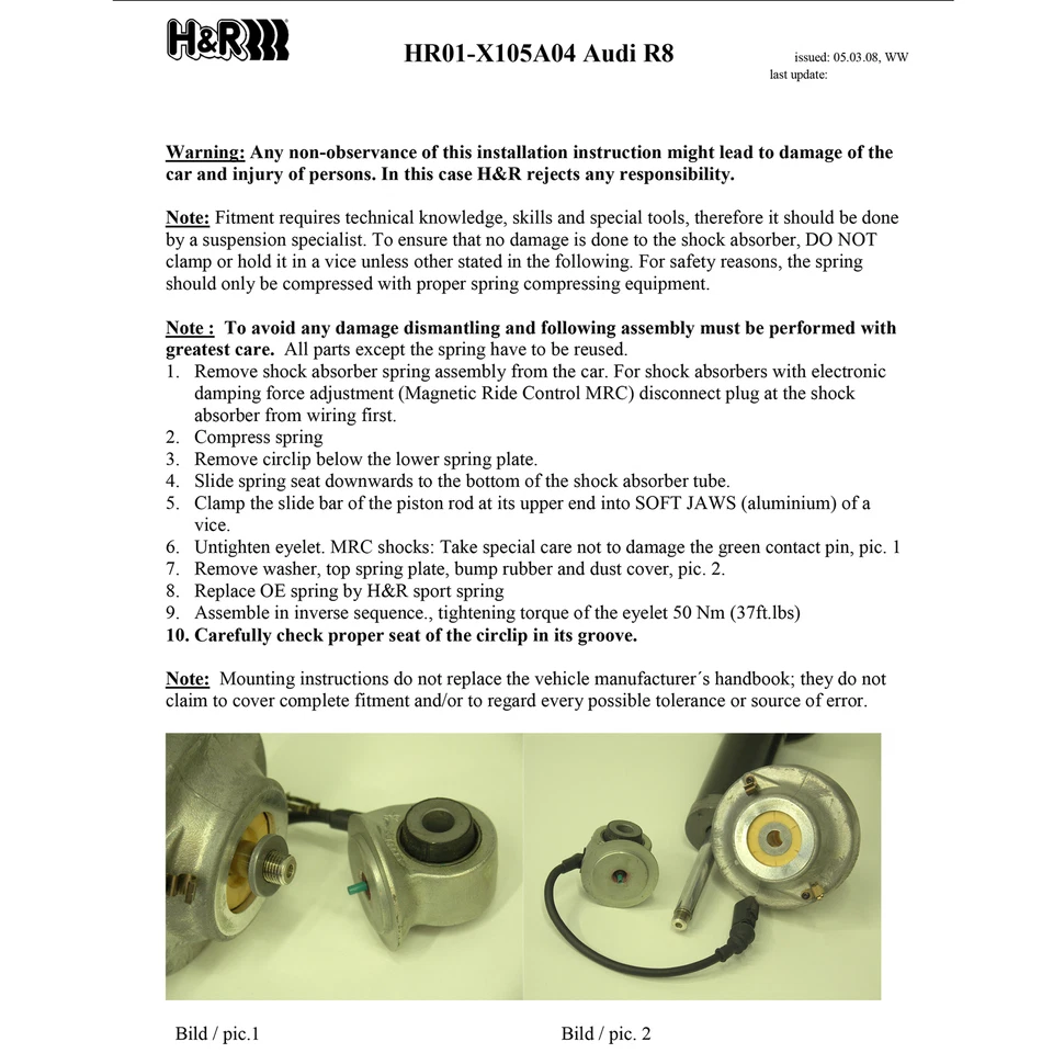 Kit de muelles delanteros y traseros deportivos descensores H&R 29058-1 para Audi R8 V8 V10 2008-15 Foto 2 de 4