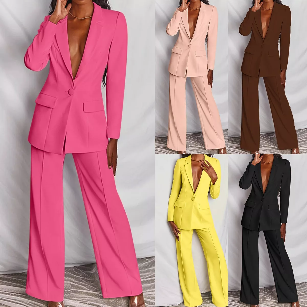 Women Two Piece Suit Set Casual Long Sleeve Button Jacket High Waist Wide  Pants