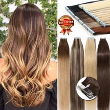 60PCS Thick Remy Human Hair Tape In Skin Weft Extensions Highlight Full Head USA